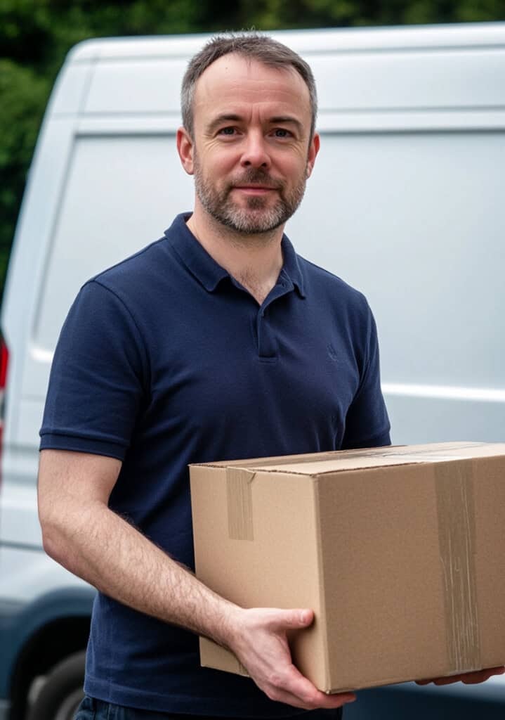 man wearing dark blue polo shirt holding a cardboard box