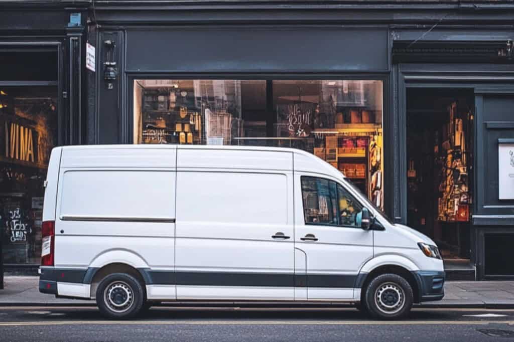 A white moving van outside a shop on a relocation day